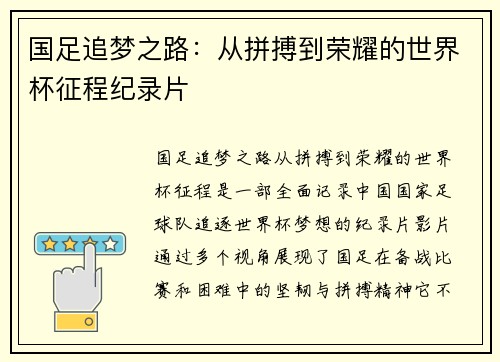 国足追梦之路：从拼搏到荣耀的世界杯征程纪录片